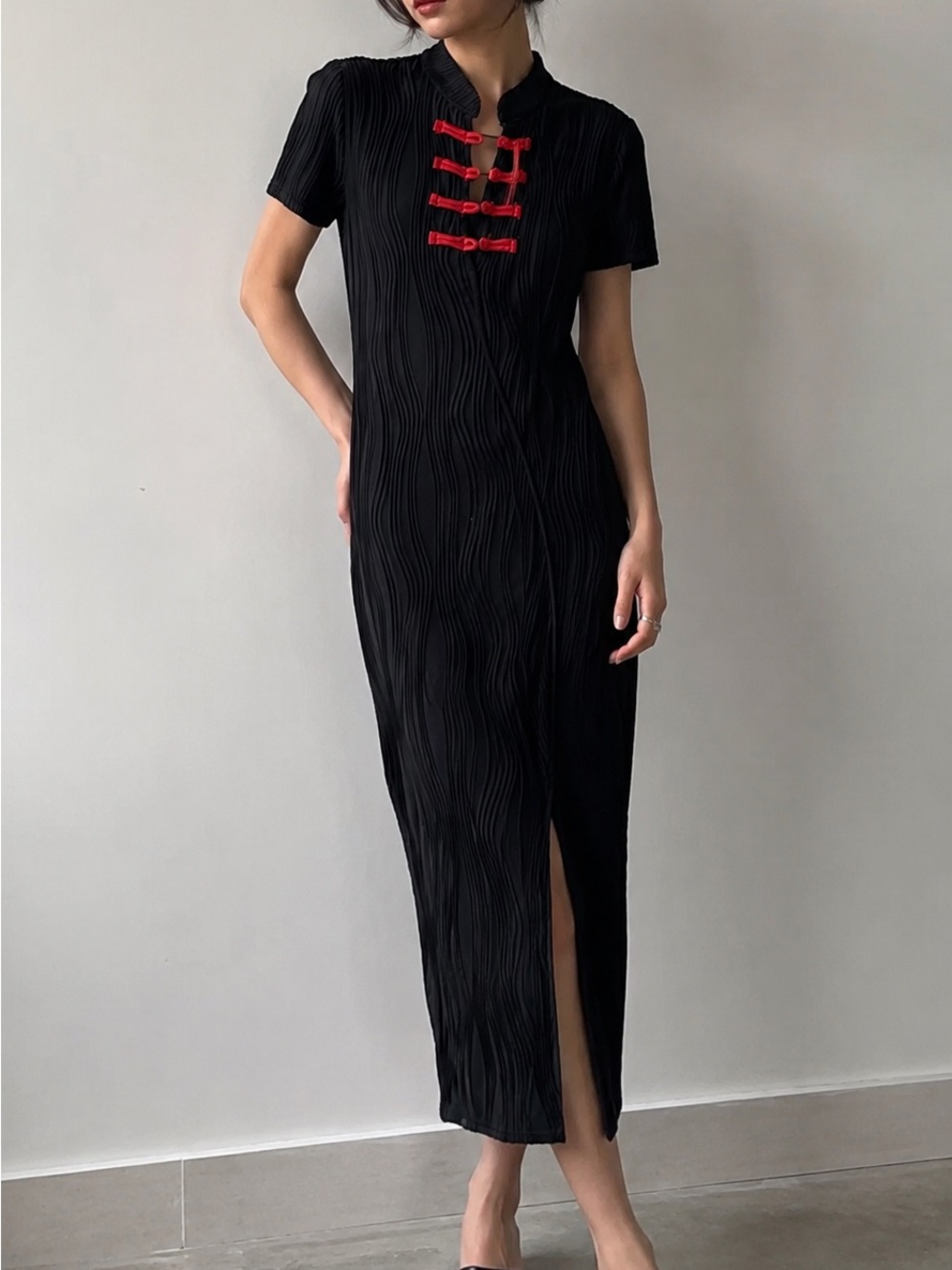 Black Midi Dress with Red Knot Buttons